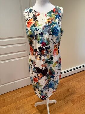 Elena Wang Elegant Silky White Floral Print Sheath Dress